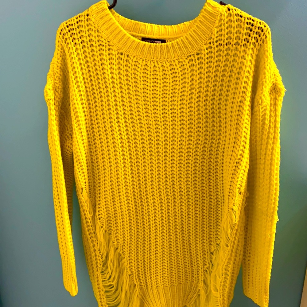 Fashion Nova long yellow distressed sweater